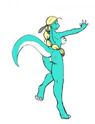 2012 anthro anus ass blonde_hair blue_eyes blue_scales breasts claws deskai female hair hand_on_breast lizard long_hair looking_back nude pussy raised_leg raised_tail rear_view reptile scales scalie sideboob simple_background smile solo synxirazu-niam teeth toe_claws white_background white_scales