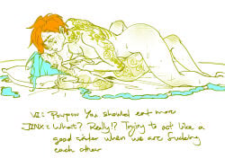 2d 2girls 4oing arcane arcane_jinx arcane_vi ass blue_hair breasts dialogue english_text eye_contact female female_only groping_breasts incest jinx_(league_of_legends) league_of_legends lying lying_on_back nude red_hair siblings sisters tattoo tattoos vi yuri