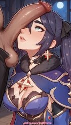 1boy 1girl 2026 ai_generated artist_name cock dick earrings erection full_moon genshin_impact hat hetero hi_res high_quality highres male_pubic_hair mona_(genshin_impact) moon patreon patreon_username penis penis_awe penis_on_face pinkname pubic_hair solo_focus star_(symbol) star_earrings sweat twintails uncensored watermark