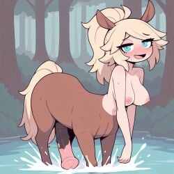 ai_generated blonde_hair blue_eyes blushing centaur centauress embarrassed futa futanari horse_cock monster_girl original_character semen waifu waifu_night yellow_hair