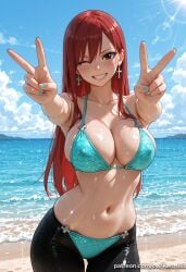1girl ai_generated bangs bare_shoulders beach bikini blue_sky blush breasts brown_eyes cleavage cloud collarbone cowboy_shot cross day double_v earrings erza_scarlet fairy_tail grin jewelry kermixx large_breasts lens_flare long_hair looking_at_viewer nail_polish navel ocean one_eye_closed outdoors patreon_username red_hair sky smile solo swimsuit tight_pants v water wet