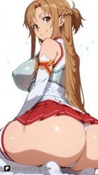 1girl ai_generated artist_name ass asuna_(sao) asuna_yuuki bangs bare_shoulders braid breastplate breasts brown_eyes brown_hair closed_mouth covered_nipples detached_sleeves french_braid from_behind large_breasts long_hair looking_at_viewer looking_back panties parted_bangs patreon pleated_skirt questionable red_skirt senpai_pixels simple_background sitting skirt smile solo sword_art_online thighhighs thighs underwear wariza white_background white_panties white_thighhighs yuuki_asuna