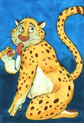 1boy 2016 azul_(artist) benjamin_clawhauser cheetah chubby disney donut doughnut eating feline food fur furry furry_only male male_only mammal nude slightly_chubby solo traditional_media_(artwork) zootopia