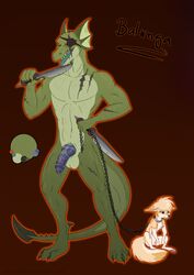 2015 ambiguous_gender balls balunga canine chains collar duo erection eye_patch eyewear fennec fox green_scales knife knot male male_focus mammal orange_eyes ruki_(character) rukifox scales scar sitting size_difference standing tongue