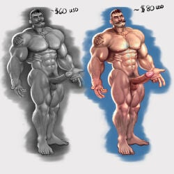 1boy bara black_and_white chest_hair commission commission_price_sheet deadlock erection fully_naked gryphonburger hard_on lash_(deadlock) male male_focus male_only muscular muscular_male naked naked_male nude nude_male penis pubic_hair solo solo_focus solo_male