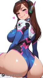 1girl ai_generated artist_name ass bangs blizzard_entertainment blue_leotard bodysuit breasts brown_eyes brown_hair cameltoe d.va d.va_(overwatch) d.va_(overwatch_2_suit) facial_mark from_behind headphones heart highleg_leotard large_breasts leotard lips long_hair looking_at_viewer looking_back overwatch overwatch_2 patreon pink_lips questionable senpai_pixels sensitive shiny simple_background sitting skin_tight smile solo thighhighs whisker_markings white_background