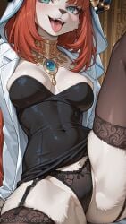 1girl ahoge ai_generated alternate_breast_size animal_ears ass blue_eyes breasts brown_hair cat_hair_ornament decurse dress from_behind furry furry_female genshin_impact green_ribbon large_breasts looking_at_viewer looking_back nilou_(genshin_impact) ribbon side_ponytail solo stained_glass tail tongue tongue_out virtual_youtuber white_dress