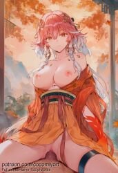 1boy 1girl 2026 ahoge ai_generated arm_tattoo autumn_leaves bare_shoulders braid breasts breasts_out changli_(wuthering_waves) closed_mouth cocomiyart collarbone cowgirl_position girl_on_top hair_between_eyes hair_ornament hetero highres japanese_clothes kimono kimono_pull large_breasts long_hair looking_at_viewer maple_leaf multicolored_hair nipples nsfw obi orange_kimono outdoors penis pink_hair pov pov_crotch pussy red_kimono sash sex smile solo_focus straddling tattoo thigh_strap uncensored vaginal white_hair wuthering_waves yellow_eyes