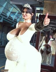 1girls 3d alternate_version_at_source ass belly bethesda_softworks big_ass big_belly big_breasts breasts brown_hair cleavage earrings fallout fallout_(tv_series) female female_only huge_ass huge_breasts lucy_maclean mirror ponytail pregnant semper_jack solo thumbs_up wedding_dress