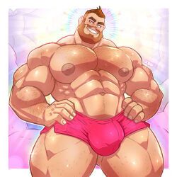 abs artist_name bara bara_body beard big_abs big_bulge big_muscles big_nipples big_pecs big_thighs brown_beard brown_eyebrows bulge bulging_penis clouds detailed_background ears eyebrows fingernails glistening_body hairy_arms hairy_chest hairy_pecs human light_skin light_skin_male light_skinned_male male muscular muscular_male muscular_thighs nails navel nose pecs pink_underwear shiny shiny_skin smiling smiling_at_viewer solo thighs topless topless_male uobih