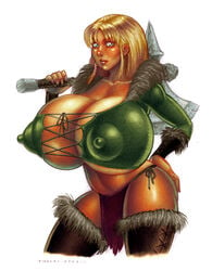 axe barbarian blonde_hair blue_eyes breasts fur huge_breasts leather rinaldi thigh_highs