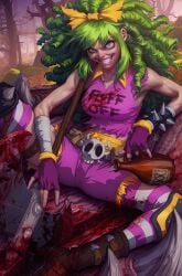 1girl axe bandaid battle_axe big_hair blood blood_on_axe blood_on_clothes blue_eyes boots bracelet breasts brown_boots evil_grin evil_smile fingerless_gloves forest gertrude_(i_hate_fairyland) gloves green_hair grin highres i_hate_fairyland jewelry knee_pads large_breasts long_hair looking_at_viewer nature official_art pink_gloves pink_shirt pink_shorts pink_thighhighs shirt shorts signature sitting smile solo spiked_bracelet spikes stanley_lau striped_clothes striped_thighhighs teeth textless_cover_page textless_version thighhighs weapon
