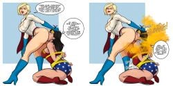 big_ass big_breasts black_hair blonde_hair breasts bubble_ass bubble_butt dc dc_comics english_text fart fart_cloud fart_fetish fart_torture farting farting_in_face farting_on_face female lasso_of_truth lolotron power_girl superman_(series) thick_thighs wonder_woman wonder_woman_(series)