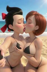 ai_generated beach big_ass big_breasts black_underwear elastic_girl enfermosic28 franny_robinson helen_parr kissing lesbian micro_bikini milf small_waist tagme tongue_out video