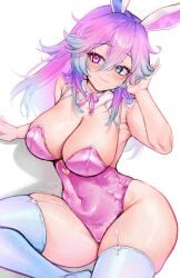 1girl 1girls :3 animal_ears big_breasts blue_eyes blue_hair blue_thighhighs breasts busty cleavage cottontail_(vtuber) curvy emucchi female garter_straps gradient_hair hair_between_eyes heterochromia highres indie_virtual_youtuber large_breasts leotard long_hair looking_at_viewer massive_breasts multicolored_hair pink_hair pink_leotard pink_ribbon playboy_bunny purple_eyes purple_hair rabbit_ears rabbit_girl ribbon solo thick_thighs thighhighs thighs tits virtual_youtuber vtuber white_background wide_hips