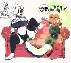 after_eating annoyed_victim barefoot bloated breasts canine clothed couch demon dog erect_nipples eyes_closed fart fart_cloud fart_fetish fart_torture farting femdom forked_tail from_front furry green_gas grin helluva_boss herro leg_lift loona_(helluva_boss) mischievous_smile moxxie_(helluva_boss) paw_pads prank punk red_sclera sadism shorts spiked_collar tail thick_thighs thighhighs torn_clothes wolf wolf_ears wolf_girl wolf_tail