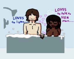 1boy 1girls bathing bathroom bathtub dark-skinned_female fully_nude light-skinned_male text wholesome wholesome_nudity