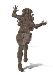 armor belt blush breasts cleavage eyeglasses female female_focus fingerless_gloves gloves greyscale hat helmet large_breasts long_hair monochrome navel nipples open_mouth petrification pouch ripsaw72a3 scar simple_background solo statue stone_statue teeth torn_clothes weapon wide-eyed