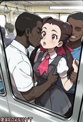 1girl ai_generated blush breast_grab breasts brokewyt brown_hair chikan closed_eyes collared_shirt cuckold dark-skinned_male dark_skin dress eyelashes faceless faceless_male grabbing hair_ribbon hetero hi_res high_quality high_resolution highres interracial kiss long_hair molestation multiple_boys necktie netorare open_mouth pantyhose pink_ribbon pokemon pokemon_rse red_eyes ribbon roxanne_(pokemon) saliva shirt short_sleeves smile sweatdrop teeth tongue tongue_out train_interior twintails uncensored watermark white_shirt