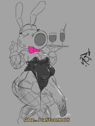 1girls arm_sleeves armwear artist_signature balls bb_happyhour big_cock big_penis birdo boobs bowtie breasts bunny_ears cock eyelashes fishnet_armwear fishnet_stockings fishnets furry glass greyscale huge_cock huge_penis lingerie mario_(series) penis penis_out playboy_bunny scalie simple_background testicles text trans_woman