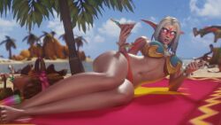 1girls 2026 3d bare_breasts barefoot bathing_suit beach beach_towel beach_umbrella beckoning beverage bikini bikini_bottom bikini_top breasts cocktail_glass coconut coconut_drink elf elf_ears glowing_eyes morilymory night_elf ocean original_character palm_tree picnic_basket pointed_ears sand solo stalaisa towel tree warcraft white_hair world_of_warcraft
