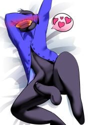 1boy animal_hospital anthro big_dick black_fur black_skin blue_shirt body_pillow closed_eyes duck duck_boy furry furry_only on_bed unknown_artist