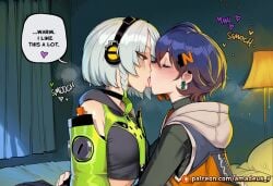 2girls ai_generated amadeus_v anby_demara apartment aqua_eyes bed belle_(zenless_zone_zero) blue_hair blush bulge curtains embrace eyes_closed facing_each_other female french_kiss futanari gentle gradient_hair hair_ornament hand_on_another's_shoulder hand_on_another's_waist hoodie jacket lamp medium_breasts medium_hair night on_bed orange_hair profile red_eyes saliva slim sports_bra tongue_out warm_lighting zenless_zone_zero