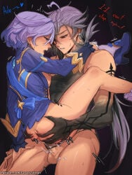 2girls arlecchino_(genshin_impact) ass_grab cesarzebrah cum_inside furina_(genshin_impact) genshin_impact holding penetration yuri