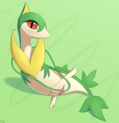 animal_genitalia anojaa blush cloaca female feral hi_res looking_at_viewer nintendo pokemon pokemon_(species) presenting pussy_juice servine simple_background smile solo spread_legs spreading tentacle video_games vine_whip vines