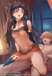 1boy 1girl 2026 ai_generated anklet armlet asymmetrical_legwear bandeau bare_shoulders bed black_hair blonde_hair blue_thighhighs blush breasts brown_hair censored clothed_female_nude_male curtains detached_sleeves earrings elbow_gloves faceless_male fate_(series) girl_on_top hair_ribbon hetero highres hoop_earrings indoors ishtar_(fate) jewelry long_hair long_legs lying medium_breasts mosaic_censoring navel neck_ring necklace nipple_slip nipples nsfw nude on_bed open_mouth parted_bangs pelvic_curtain penis pussy red_eyes reverse_cowgirl_position ribbon serain sex sex_from_behind short_hair single_detached_sleeve single_elbow_glove single_thighhigh smile solo_focus spread_legs stomach straddling testicles thighhighs thighs tiara two_side_up uncensored uneven_legwear vaginal window
