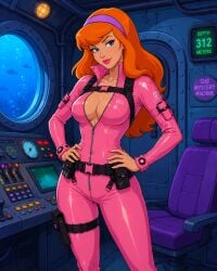ai_generated breasts cameltoe daphne_blake latex_bodysuit looking_at_viewer scooby-doo thighs