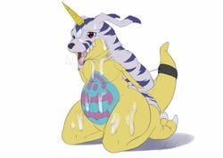 bound_tail cum cum_covered digimon dreiker featureless_crotch gabumon hands_behind_back horn kneeling male_only messy open_mouth pelt scalie signature slightly_chubby solo tail_bondage tongue tongue_out