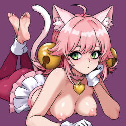 anthro artlongon bell_collar big_ass breasts breasts_out cat_ears cat_girl cat_tail deltarune deltarune_chapter_5 feet female frilled_skirt frown green_eyes heart_pendant large_breasts legs_up long_hair looking_at_viewer lying_down mew_mew_(undertale) mew_mew_kissy_cutie nipples nude on_side pink_hair puffy_nipples red_legwear revealing_clothes seductive_pose solo thighhighs tits_out white_gloves