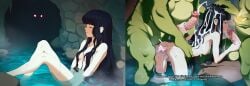 1girl 3boys after_vaginal ai_generated anal black_hair captured caustics cum_in_mouth excessive_cum fellatio gangbang hand_on_head hands_on_another's_hips kappa large_penetration large_penis larger_male overflow rape shirikodama spiked_penis submissive_female water