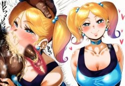 1girl ahegao ai_generated black_penis blonde_hair blue_eyes blush bubbles_(powerpuff_girls) bustybunz choker commentary_request cum_drooling cum_in_mouth cum_on_face deepthroat hand_on_head head_grab heart_eyes highres huge_breasts interracial irrumatio messy oral penis_in_mouth saliva smile split_image tagme twintails