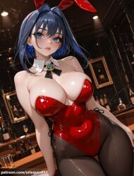 1girl ai_generated alcohol animal_ears arlequin097 bar_(place) bare_arms bare_shoulders black_pantyhose blue_bow blue_eyes blue_hair blush bow bow_earrings breasts brown_pantyhose cleavage collarbone counter covered_navel cup detached_collar drinking_glass dutch_angle earrings fake_animal_ears hair_intakes hairband highleg highleg_leotard hololive hololive_english hololive_english_-council- hololive_english_-promise- indoors jewelry large_breasts leaning_to_the_side leotard lips looking_at_viewer ouro_kronii pantyhose parted_lips patreon_username playboy_bunny rabbit_ears red_leotard short_hair solo strapless strapless_leotard thigh_gap thighs veins veiny_breasts virtual_youtuber
