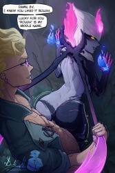 1boy 1boy1girl 1girl 1girls background big_ass big_breasts big_butt blonde_hair color colored devil doktor_malefic evelynn evelynn_(league_of_legends) glowing_eyes maledom motion_lines muscular_male nude nude_female pulling_tail succubus sweat sweatdrop sweating sweaty sweaty_ass sweaty_body sweaty_breasts tail white_hair