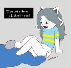 1boy 1girls ass bone bottomless canine clothing cunnilingus feet feline female furry interspecies kamperkiller_(artist) male mammal oral penetration sans sex shirt skeleton straight temmie text undertale vaginal_penetration video_games