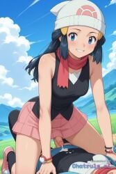 1girl ai_assisted ai_generated bare_shoulders beanie bent_over black_hair black_shirt black_socks blue_eyes bracelet cowboy_shot cowgirl_position cum dawn_(pokemon) dutch_angle full_body futanari hat jewelry kneehighs landscape little_penis looking_at_viewer miniskirt mother_and_daughter pink_skirt projectile_cum red_scarf scarf sex shirt size_difference skirt sleeveless sleeveless_shirt small_penis smile solo source_anime white_headwear