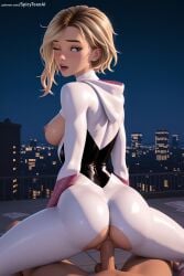 1boy 1girl ai_generated ass blonde_hair blue_eyes bodysuit breasts building city cityscape cowgirl_position girl_on_top gwen_stacy hetero hi_res high_quality high_resolution hood lips looking_at_viewer looking_back medium_breasts mercy_(overwatch) night nipples outdoors patreon patreon_username penis pussy reverse_cowgirl_position seductive sex sexy short_hair sky solo_focus spicytoonai spider-man:_into_the_spider-verse straddling superhero torn_clothes uncensored vaginal watermark