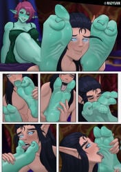 1girl1boy 2_toes absurdres big_breasts big_feet blood_elf blue_eyes blue_skin comic couple_(romantic) couple_goals dominant_female elf_male fantasy feet foot_domination foot_fetish foot_focus foot_lick foot_on_face foot_play foot_tease foot_worship happy_dom happy_sub highres licking_between_toes licking_foot loving_couple loving_it mazatlark monster_girl oc original_character pointy_ears purple_eyes purple_hair relationship_goals romantic_couple saliva_on_foot smelling_feet soles submissive_male sweaty_feet tall_female toes tongue_between_toes tongue_on_foot troll_(warcraft) troll_female world_of_warcraft
