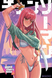 1girls alternate_version_available arm_behind_head artist_name bikini bikini_bottom bikini_top bottomwear bracelet breasts chainsaw_man cosplay ear_piercing earrings female female_only grand_theft_auto_vi green_shirt gta_vi_cover_girl hair handwear hips holding_object holding_weapon hoop_earrings inigoiio logo long_hair makima_(chainsaw_man) medium_breasts pose posing red_hair ring shirt solo solo_female sparkles swimwear sword thick_thighs thighs topwear weapon white_bikini yellow_eyes