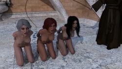 1boy 3d 3girls ciri clothed_male_nude_female completely_nude_female daz_studio female female_focus female_humiliation femsub hands_behind_back kneeling micklee punishment the_witcher_(series) the_witcher_3:_wild_hunt triss_merigold whip yennefer