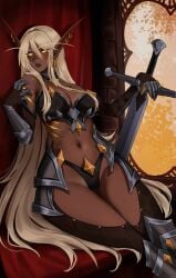 1girls absurd_res armor armored_female blizzard_entertainment blonde_hair dark-skinned_female dark_elf dark_skin earrings elf elf_ears elf_female female female_only freckles freckles_on_chest freckles_on_shoulders long_ears long_eyebrows long_hair looking_at_viewer maewix1 sitting solo sword thick_thighs very_long_hair warcraft weapon wide_hips world_of_warcraft yellow_eyes