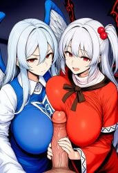 1boy 2girls ai_generated boobjob breast_press breasts_bigger_than_head clothed_female_nude_male evil_woman handjob handjob_between_breasts huge_breasts penis_between_breasts pov pov_paizuri sariel_(touhou) self_upload serious shinki_(touhou) smile titjob touhou touhou_(pc-98) trio two_handed_handjob uninterested upper_body_focus