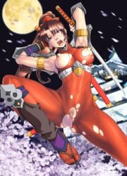absurdres areolae arikawa armpits arms_up bodysuit breasts brown_eyes brown_hair castle censored feet female highres large_breasts legs long_hair looking_at_viewer moon mosaic_censoring night nipples no_panties open_mouth ponytail pubic_hair pussy sandals sky solo soul_calibur spread_legs sword taki_(soulcalibur) thighs tied_hair torn_bodysuit torn_clothes weapon