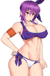 armband ayane_(doa) bikini breasts cleavage dead_or_alive female female_only fully_clothed headband large_breasts navel purple_hair red_eyes revealing_clothes short_hair skimpy_clothes solid_air solo standing sweat tecmo