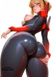 1girl ai_generated artist_name ass ass_focus ass_grab ass_support bangs blonde_hair blue_eyes blush bodysuit breasts breasts_out dc_comics facial_mark from_behind from_below grabbing_own_ass grin kara_zor-el large_breasts long_sleeves looking_at_viewer looking_back looking_down medium_breasts my_adventures_with_superman nipples nuageeart pants parted_lips questionable shiny shiny_clothes shiny_hair shiny_skin short_hair simple_background skin_tight smile solo supergirl supergirl_(my_adventures_with_superman) superman_(series) sweat teeth thighs white_background