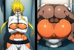 2koma ai_generated asshole balls balls_deep bathroom before_and_after bleach defeated disgusted female huge_ass instant_loss_2koma male mating_press penetration public_restroom restroom_stall sitting_on_toilet stray_pubic_hair sweat tia_harribel toilet ugly_bastard