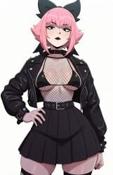 1girl 1girls ai_generated bikini bikini_top black_eyes black_lipstick brawl_stars breasts collar female female_focus female_only fishnet fishnet_clothing hand_on_hip jacket leather_jacket lipstick looking_at_viewer makeup medium_breasts melodie_(brawl_stars) mrnails open_jacket pink_hair pleated_skirt ribbon skirt solo solo_female thighhighs thighs white_background